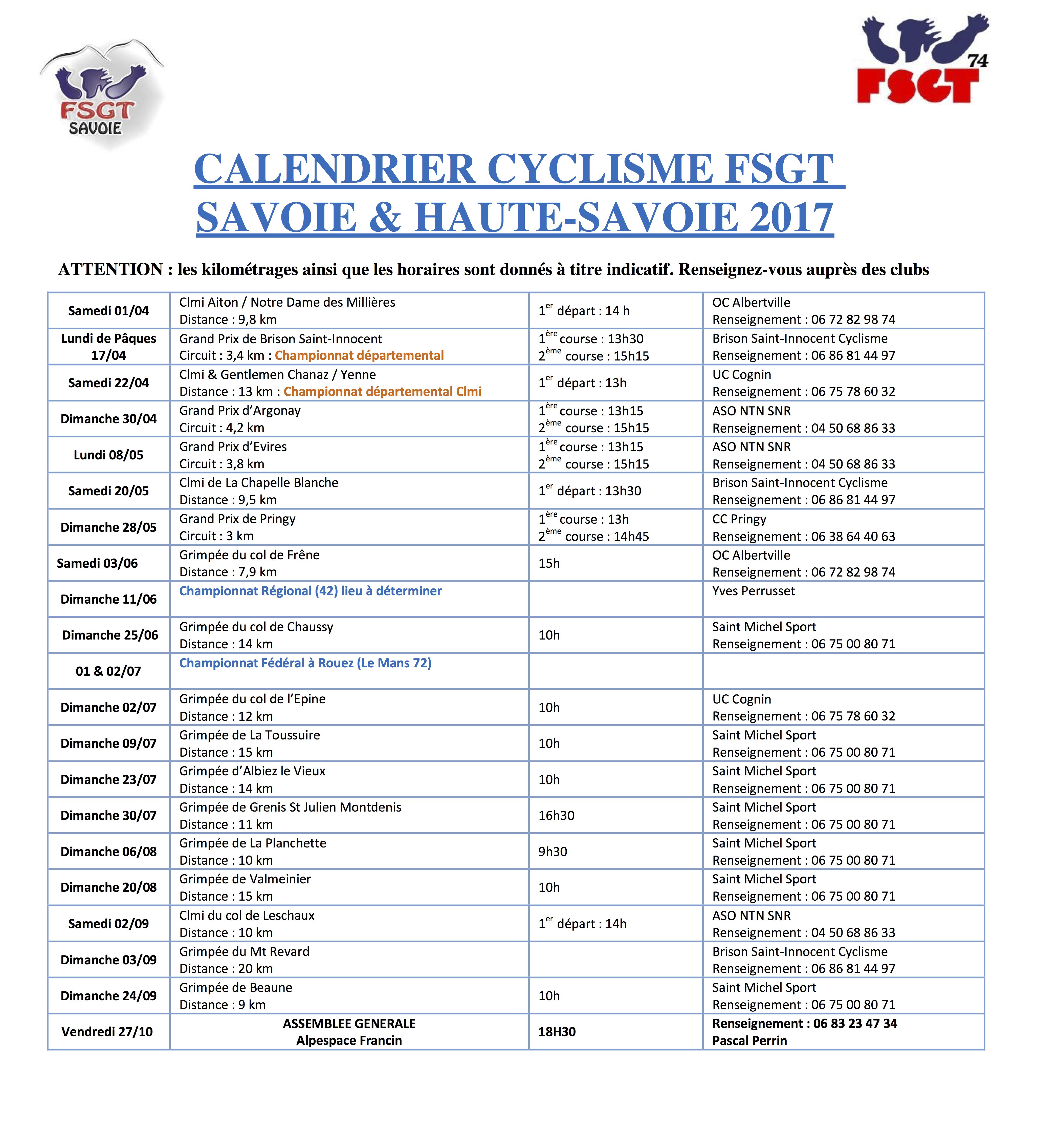 Actualité Calendrier Cyclisme FSGT Savoie &... club Cyclisme ASPES